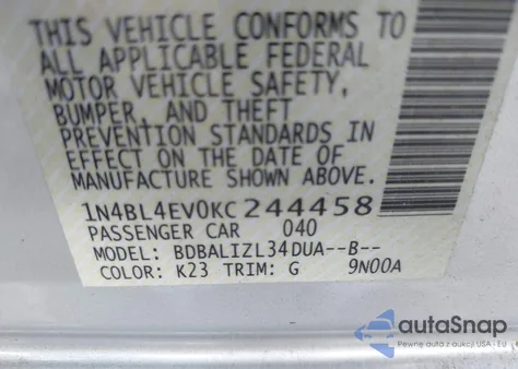 2019 Nissan Altima 2.5 Sl z USA, uszkodzony, nr VIN 1N4BL4EV0KC244458